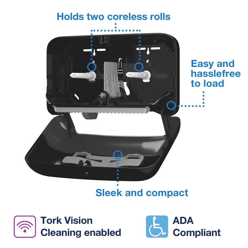 A black paper towel dispenser with text promoting a hygienic dispensing system for improved hygiene on a blue background. Tork OptiServe® Coreless 2-Roll Toilet Paper Dispenser (14.17 in. x 5.12 in. x 8.15 in., 1/Case)